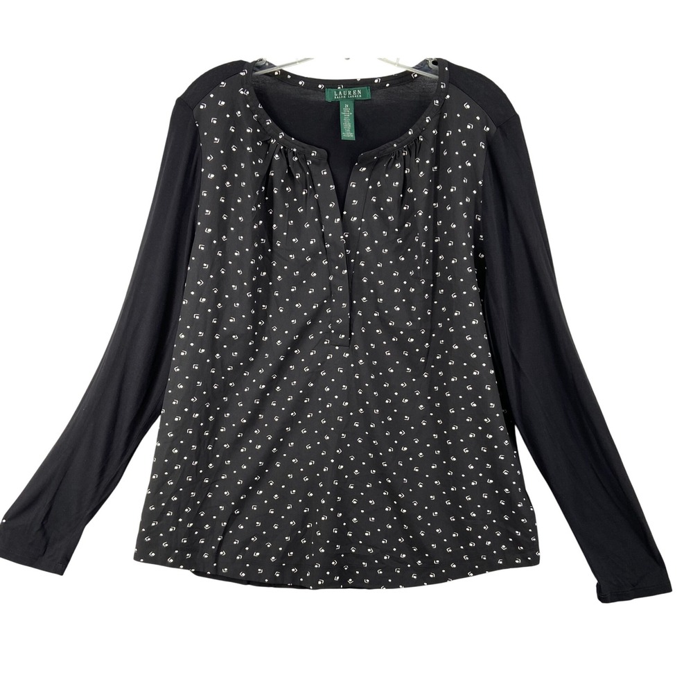 Lauren Ralph Lauren Shirt Womens 2X Black White Dot‎ Long Sleeve Knit Top Blouse